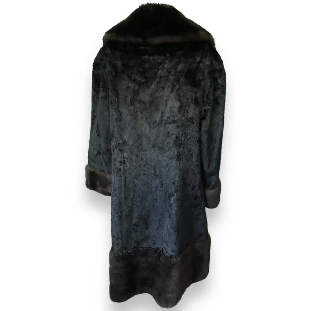 Vintage 60s Rosewin Black Penny Lane Brown Faux Fur Coat Mid Length Jacket